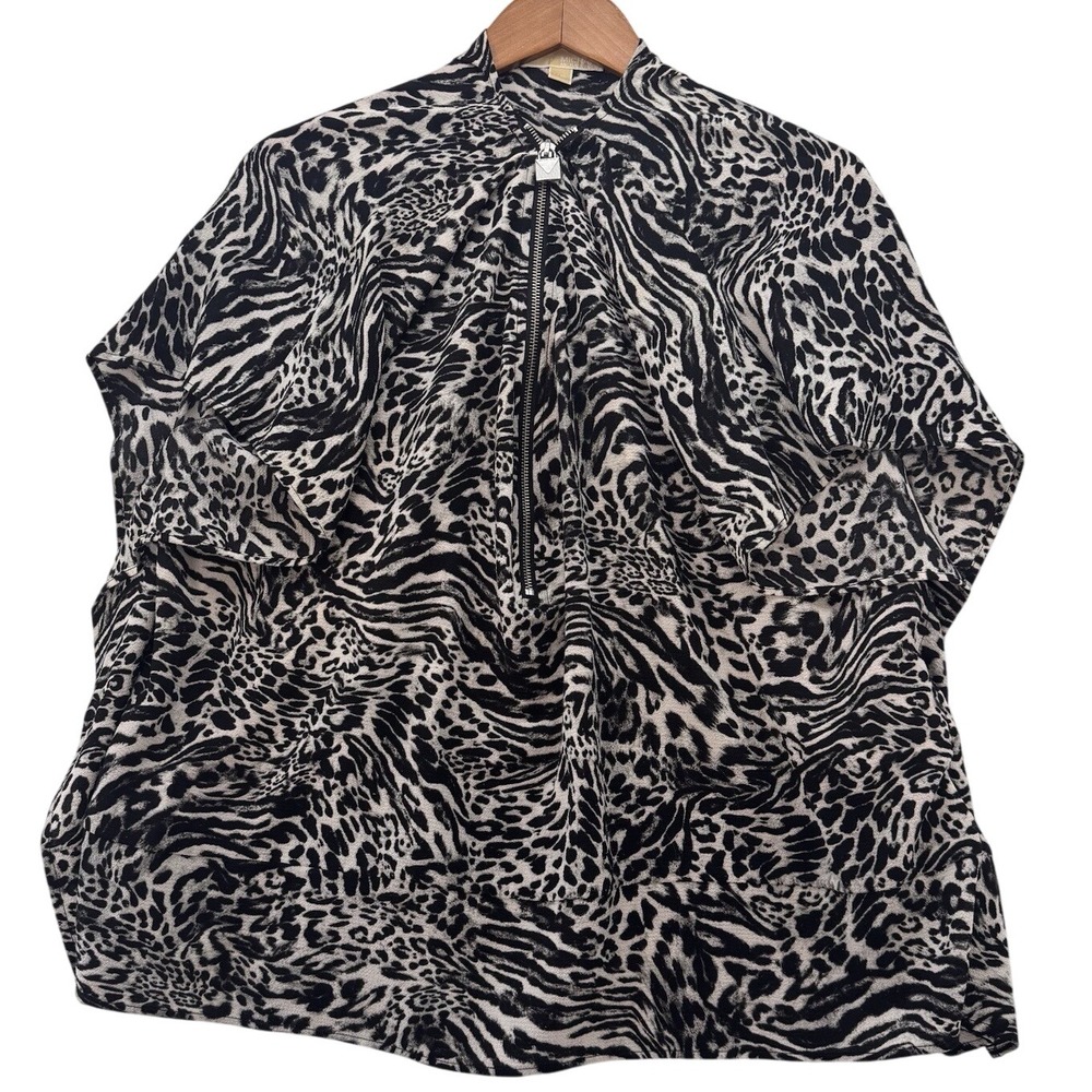 Michael‎ Kors Black Animal Print Pullover Top Zipper Detail Women Size L/XL